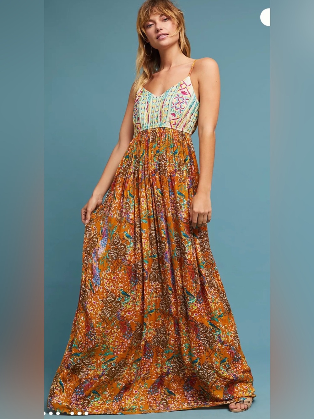 Anthropologie Raga Parkland Boho Maxi Dress Sz XS Floral Peacock print